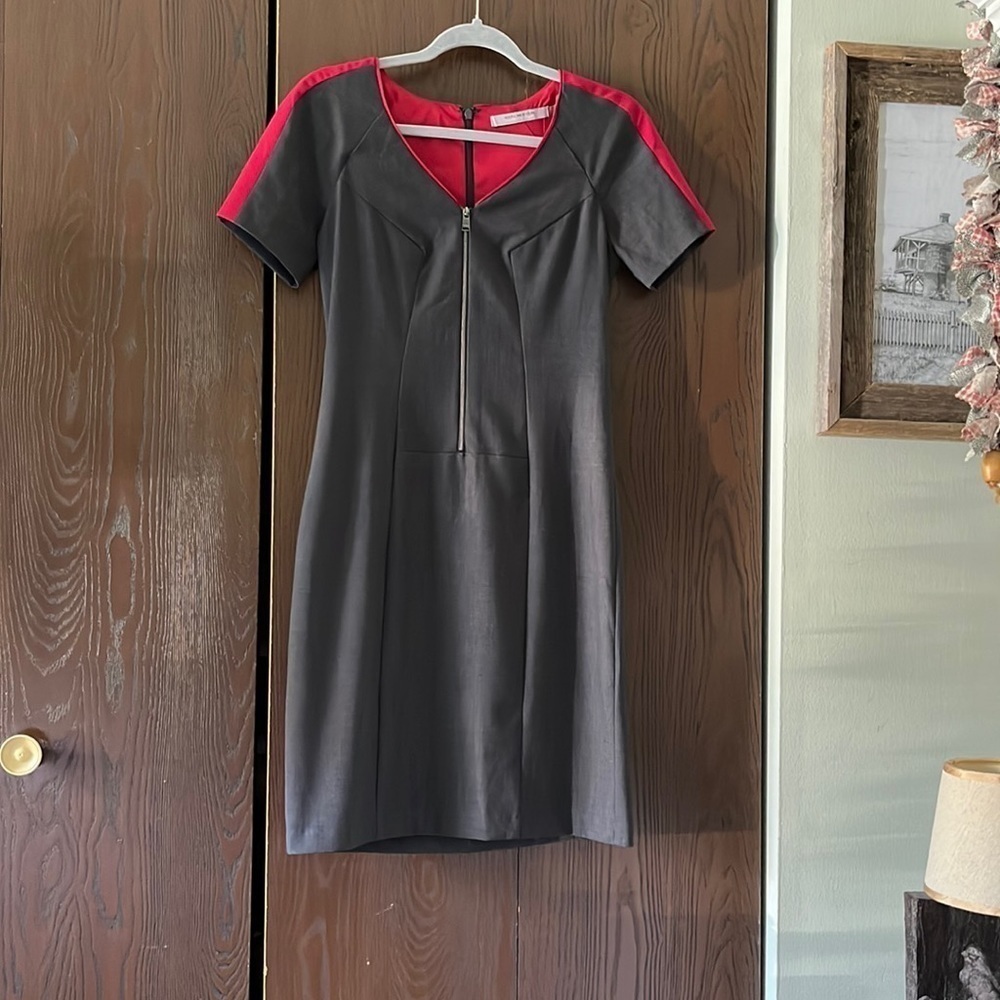 Marc New York gray dress with cranberry panels on shoulders. Size 2